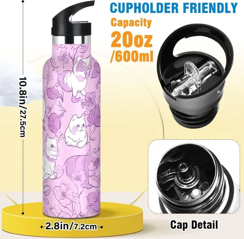 Miniatura 2 de Art Exotic Shorthair Cats Pink Double Wall Vacuum Insulated Bottles Water Bottles With Straws Leak-proof BPA-Free Leak Proof for Gym Sports