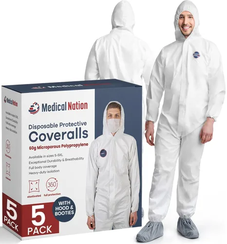 Miniatura 16 de Medical Nation Overoles de Material Peligrosos Desechables Pack de 25 Overoles Protectores con Capucha y Botas Adjuntas Overol para Pintura