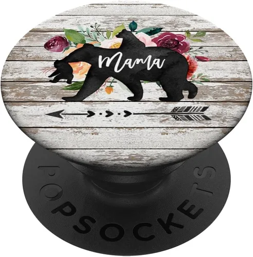 Mama Bear Dos Cubs Twins Rustic Barn Wood Watercolor Floral - PopSockets Grip and Stand for Phones and Tablets, Negro