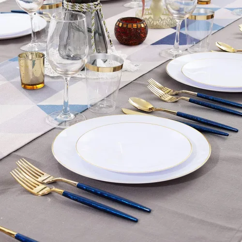 Miniatura 2 de Supernal 180 cubiertos de plástico dorado y azul, cubiertos de plástico dorado con mango de purpurina azul, cubiertos desechables para fiestas