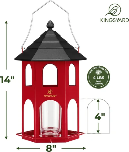 Miniatura 5 de Kingsyard Comedero de metal para colgar en exteriores, comederos para pájaros silvestres con percha circular, fácil de limpiar y rellenar, gran Rojo