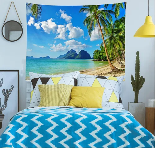 Miniatura 3 de Loccor Tapiz de playa tropical, isla costera, palmeras, olas, tapiz de pared de verano, paraíso hawaiano, paisaje para colgar en la pared, hippie