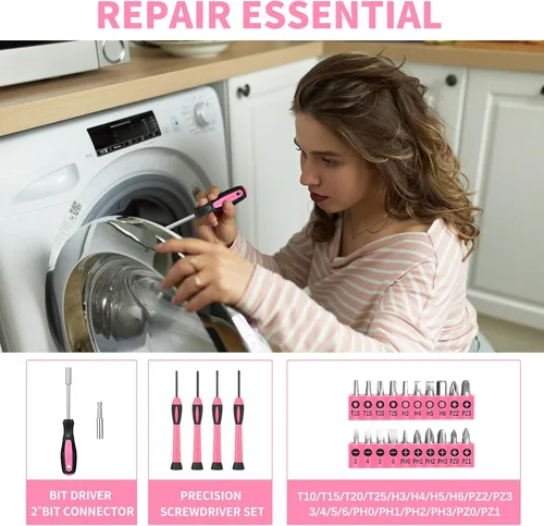 Miniatura 4 de Kit de herramientas para el hogar de 39 piezas multiusos color rosa para mujeres, juego de herramientas pequeño con caja de herramientas, ideal