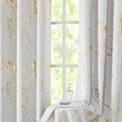 Miniatura 20 de WUBODTI Cortinas 100% Opacas de Mármol Beige de 63 Pulgadas de Largo 2 Paneles, Cortina Corta con Ojales de Impresión de Lámina Dorada Moderna
