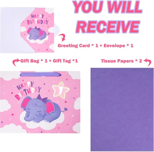 Miniatura 3 de WRAPAHOLIC Bolsa de regalo grande de 13 pulgadas con tarjeta y papel de seda, adorable bolsa de regalo de elefante para bebé, baby shower, fiesta