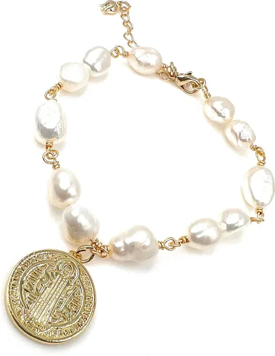 Miniatura 4 de San Benito - Pulsera de perlas barrocas con medalla chapada en oro de 18 quilates para mujer joyería de moda M Vidrio Chapado en oro