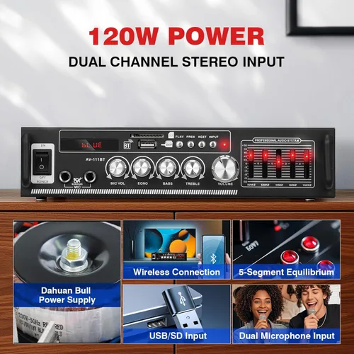 Miniatura 2 de Facmogu AV-111BT Amplificador para el hogar con ecualizador, amplificador de audio EQ de 5 bandas, receptor amplificador de potencia RMS 60Wx2
