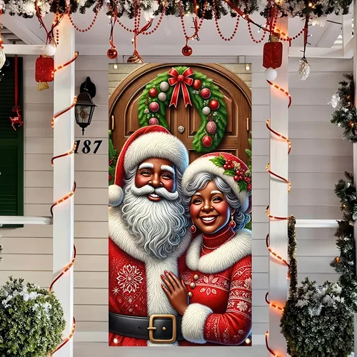 Miniatura 17 de BlissYard Cubierta de puerta de Feliz Navidad de 71 x 35 pulgadas, pancartas para puerta de porche delantero, decoración de invierno, Papá Noel