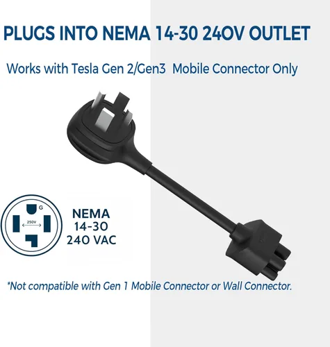 Miniatura 2 de Adaptador premium para cargador móvil Tesla Gen 2 Conecte a una toma de corriente de 240 V Carga de 32 amperios Longitud de 10 pulgadas