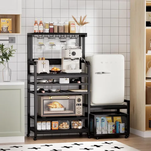 Miniatura 2 de Mini soporte para refrigerador con toma de corriente, soporte para microondas con estante para vino, barra de café con cestas de almacenamiento