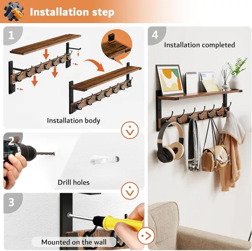 Miniatura 3 de Oraich - Ganchos de pared con estante, perchero de pared de 73 cm con gancho para colgar abrigos, mochilas, llaves y ropa, estante flotante de pared