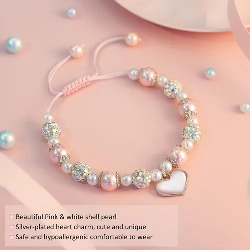 Miniatura 3 de Jeka Pulseras de diamantes de imitación para niñas de flores, pulseras con dije de corazón de perlas rosadas, pulseras de regreso a la escuela