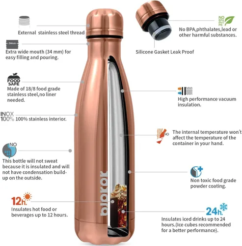 Miniatura 2 de BJPKPK Botellas de agua de acero inoxidable con aislamiento de 17 onzas, mantiene el frío y el calor, brillante oro rosa Oro rosa brillante