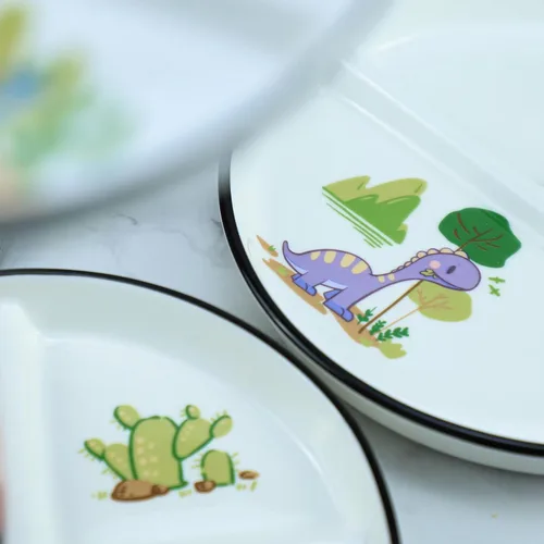 Miniatura 4 de 1 pieza de plato de porcelana con control de porción de dinosaurio, plato dividido para una alimentación racional, plato de postre dividido, plato