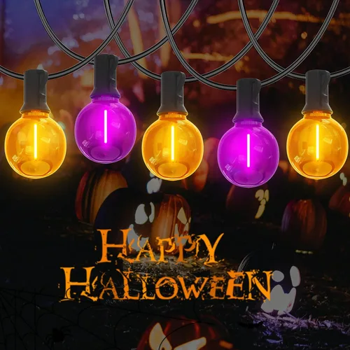 Miniatura 6 de Luces de Navidad Moradas y Naranjas, 25 pies, 27 unidades, luces de cadena LED G40 de Navidad, luces de decoración de interiores para patio al aire