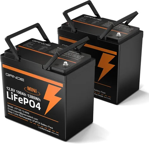 Paquete de 2 baterías de litio LiFePO4 Mini de 12V 100Ah, batería de litio de 1280Wh con 15000 ciclos, celda GradeA+ integrada, BMS de 100A,