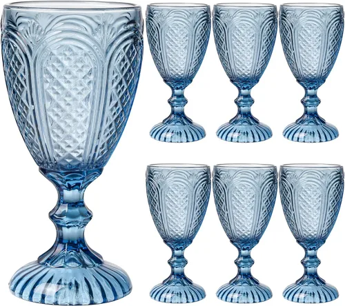 Juego de 6 copas de vino azul vintage, copas de vidrio sólido, 10.5 onzas, perfectas para baby showers, bodas, cumpleaños