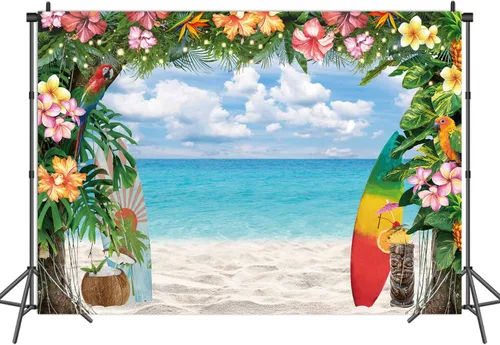Miniatura 3 de Fondo de playa hawaiana para verano, flores tropicales, fondo de fotografía Luau, tabla de surf, cielo azul, hojas de palma, Aloha, decoraciones