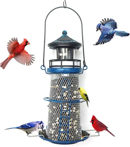 Comedero Solar para Pájaros Faro con Faro Giratorio - 14" Comedero Colgante Mejores Regalos de Comedero para Amantes de las Aves (Azul Espacial)