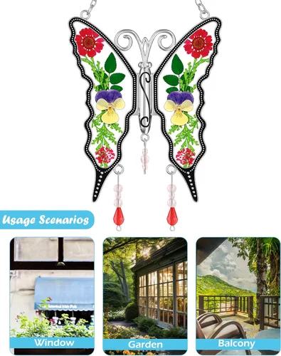 Miniatura 4 de KY&BOSAM - Atrapasoles de mariposa de vidrio para ventanas, carillón de viento, adorno colgante con flores secas presionadas entre las alas y sin