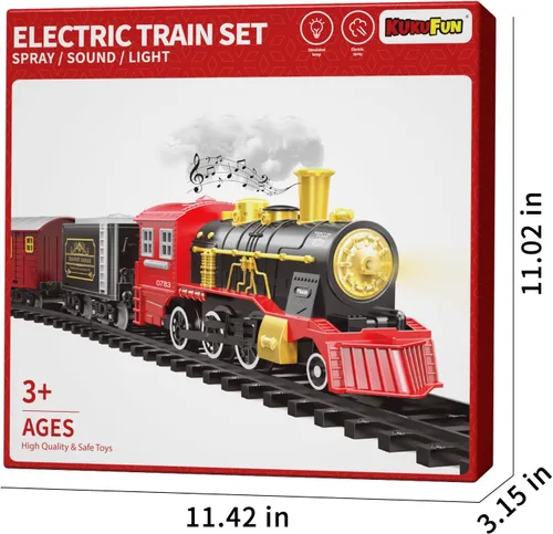 Miniatura 4 de Kukufun - Juego de tren eléctrico para niños, juguetes clásicos de tren de Navidad para niños y niñas, locomotora de vapor, motor, luces y sonido