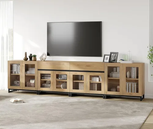Miniatura 13 de WAMPAT Soporte de TV 3 en 1 para televisores de hasta 100 pulgadas, moderno centro de entretenimiento con puertas de vidrio y cajón, consola de TV