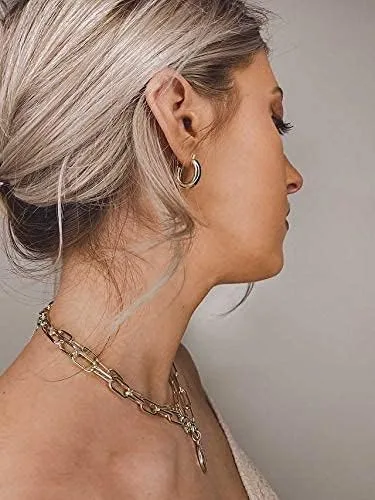 Miniatura 3 de BOUTIQUELOVIN - Aretes chapados en oro de 14 quilates con diseño cilíndrico, gruesos, hipoalergénicos y livianos para mujer