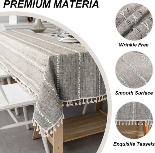 Miniatura 4 de meioro Mantel rústico, mantel rectangular de algodón texturizado de lino con borla, mantel de tela resistente para granja con bordado de rayas