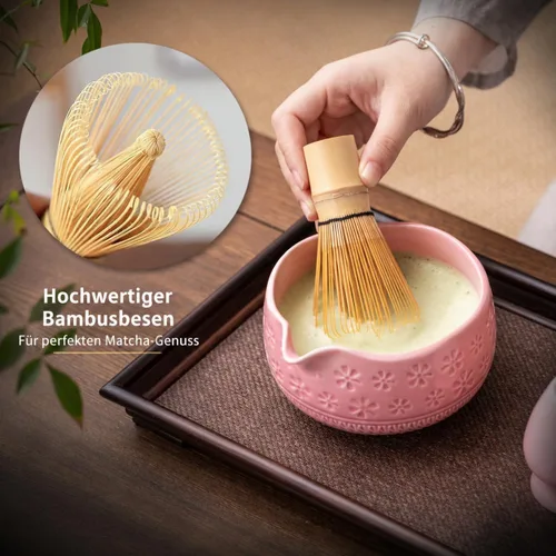 Miniatura 5 de Buucup Juego de batidor de matcha, juego de cerámica matcha incluye cuenco matcha, batidor y soporte de matcha, cuchara de bambú, soporte para Rosa