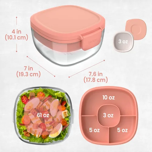 Miniatura 6 de Bentgo Recipiente de Ensalada de Vidrio Todo en Uno - Ensaladera Grande de 61 oz con Tapa, Bandeja Estilo Bento de 4 Compartimentos, Recipiente
