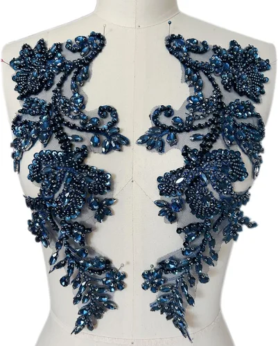 Miniatura 11 de Apliques de cuentas y diamantes de imitación hechos a mano para coser en parche de encaje de cristal, 1 par para ropa de bricolaje, vestido de Plata