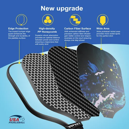Miniatura 3 de Pickleball Paddles Set of 2/4, USAPA Approved Carbon Fiber Surface Pickle Ball Set - 14mm PP Honeycomb Core of Lightweight Pickleball Rackets Azul