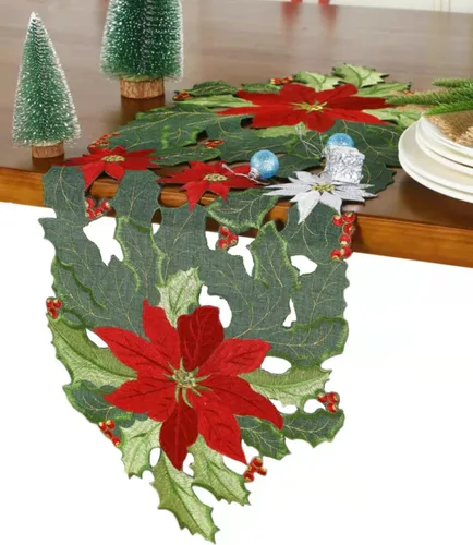 Miniatura 10 de GRANDDECO Camino de mesa navideño para fiestas campestres, bufandas para cómoda bordadas con flores de Pascua navideñas, Navidad, hogar, cocina