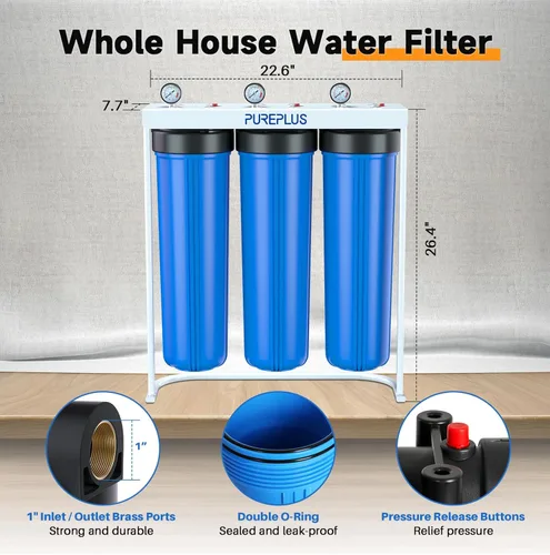 Miniatura 5 de PUREPLUS Filtro de agua de 3 etapas para toda la casa de 20 pulgadas, sistema de filtración para el hogar Sedimentos, carbón activado granular