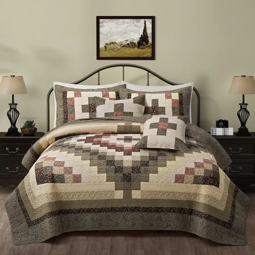 Miniatura 7 de Juego de Edredón de 5 Piezas de Algodón Tamaño Queen, Juego de Edredón con Fundas Verde Crema, Juego de Edredón de Retazos a Cuadros, 243,84 cm x