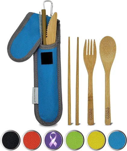 Miniatura 10 de Utensilios de viaje con estuche, tenedor, cuchillo, cuchara, palillos, pajilla, cepillo de limpieza para pajilla, bolsa de viaje y mosquetón, Negro