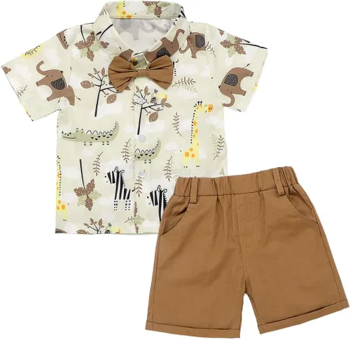 Miniatura 22 de JEELLIGULAR Conjunto de ropa de verano para bebé niño de manga corta con botones y pantalones cortos, trajes casuales para caballeros de 1 a 6 años