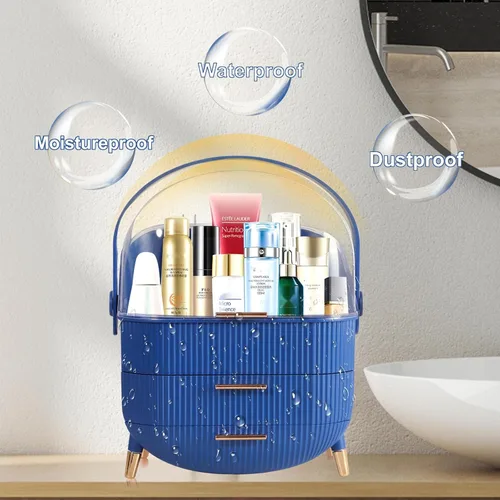 Miniatura 4 de MASSY Caja de almacenamiento de maquillaje con forma de huevo (Oval), organizador portátil de cosméticos de tocador de encimera Preppy