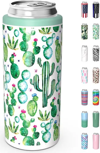TILUCK Enfriador de Latas Delgadas para Cerveza Delgada y Seltzer Duro, Acero Inoxidable, Acero Inoxidable Aislado de Doble Pared para Latas Cactus