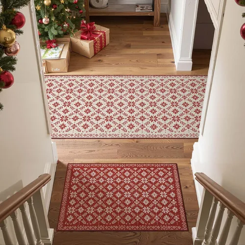 Miniatura 9 de jinchan – Alfombra de camino navideña 2x5 para cocina, pasillo y baño; roja con copos de nieve, decoración navideña, lavable, antideslizante