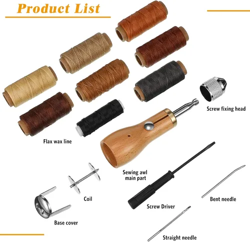 Miniatura 4 de WILLBOND Kit de punzón de costura de cuero de 12 piezas, incluye agujas rectas y dobladas y 8 rollos de hilos encerados con destornillador pequeño