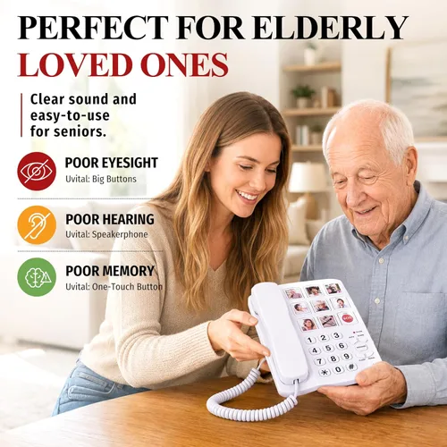 Miniatura 7 de Uvital Teléfono de botón grande para personas mayores, teléfono fijo con cable con 9 botones grandes de marcación de un solo toque, llamadas