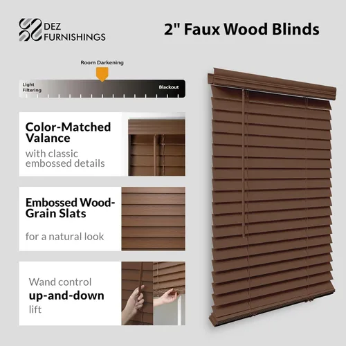 Miniatura 2 de DEZ FURNISHINGS Persiana inalámbrica de madera sintética de 2 pulgadas, 33 pulgadas de ancho x 64 pulgadas de alto, roble oscuro