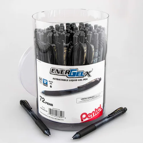 Pentel EnerGel-X Bolígrafo de gel retráctil, (0.028 in) línea media, tinta negra, recipiente de 72 unidades (BL107PC72A)
