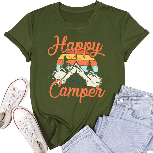 Camiseta con la leyenda Happy Campers para mujer divertida y linda camiseta gráfica de manga corta con letras impresas, camisetas casuales