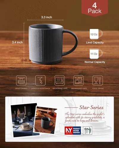 Miniatura 4 de famiware Juego de Tazas de Café para 4, Tazas de Catering Star de 12 oz con Asa para Café, Té, Cacao, Leche - Juego de Vajilla de Cerámica de Gres