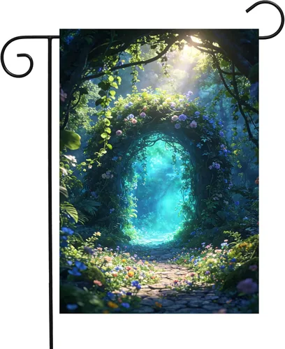 Bandera de paisaje de fantasía, cuento de hadas, bosque, flores, puerta, jardín, patio, 12 x 18 pulgadas, poliéster de doble cara, bandera de