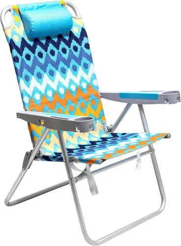 SUNNYFEEL Silla de Playa Plegable Extra Ancha de 28", 5 Posiciones Completamente Reclinable, Silla de Camping Portátil de 17" de Alto con Portavasos