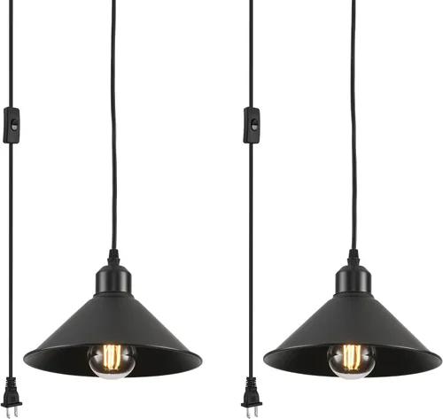 Lámpara colgante con enchufe negra, paquete de 2 lámparas colgantes industriales negras vintage con interruptor de encendido/apagado, iluminación