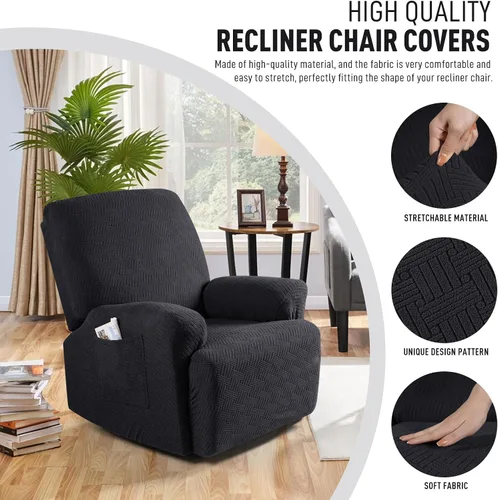 Miniatura 2 de KinCam Fundas para Reclinables, Fundas Elásticas para Sillas Reclinables, Fundas para Sofá Reclinable con Rayas Jacquard, Fundas Protectoras de Negro